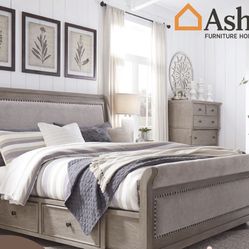 Ashley King Bed Frame With 4 Drawers Storage + 2 Nightstand With Electric ⚡️ + Dresser 