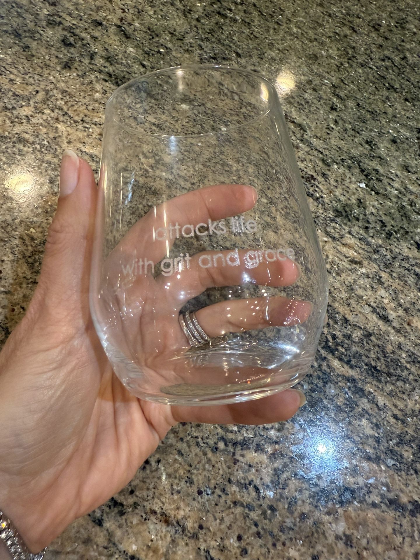 Stemless Wine Glass Etched Quote “Attacks Life with Grit and Grace” 