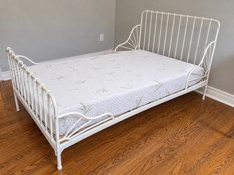 IKEA MINNEN Extendable White Twin Bed + Bamboo Memory Foam Mattress – Like New!