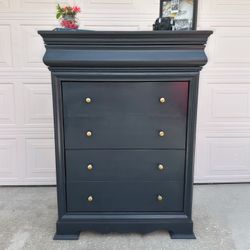 Contemporary Black with Gold Knobs Wood Tall Dresser/ Drawer - Refinished & Sealed