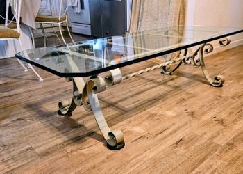 Wrought iron coffee table w/ glass top L60"xW23"xH16.25"