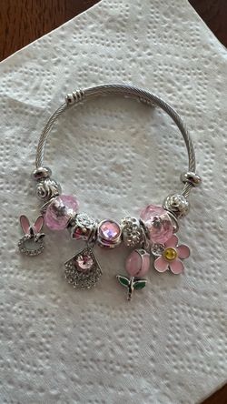Silver Charm Bracelet with Pink Charms