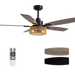 52 Inch Boho Black Rattan Ceiling Fans with Lights and Remote Control, Farmhouse Caged Rattan Ceiling Fan for Dining Room, Bedroom, Living Room and Pa