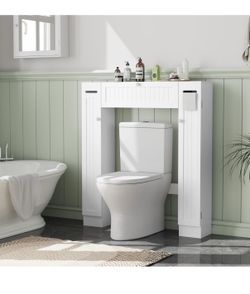 Over The Toilet Storage Cabinet, Bathroom Space Saver with Paper Holder and Adjustable Shelves White