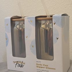 Soda Can Sipper Glasses With Lid & Plastic Straw