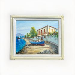 Gracia Bovis Oil On Canvas Painting Of Greece Greek Boat Island Fishing Village 