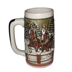 Budweiser Christmas Beer Stein Holiday Vintage 1984 Mug Bridge Clydesdale Hitch