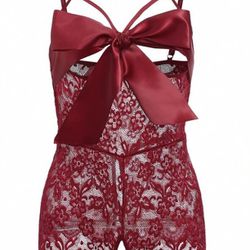 Lingerie Medium red bow crotch less lace sexy bodysuit