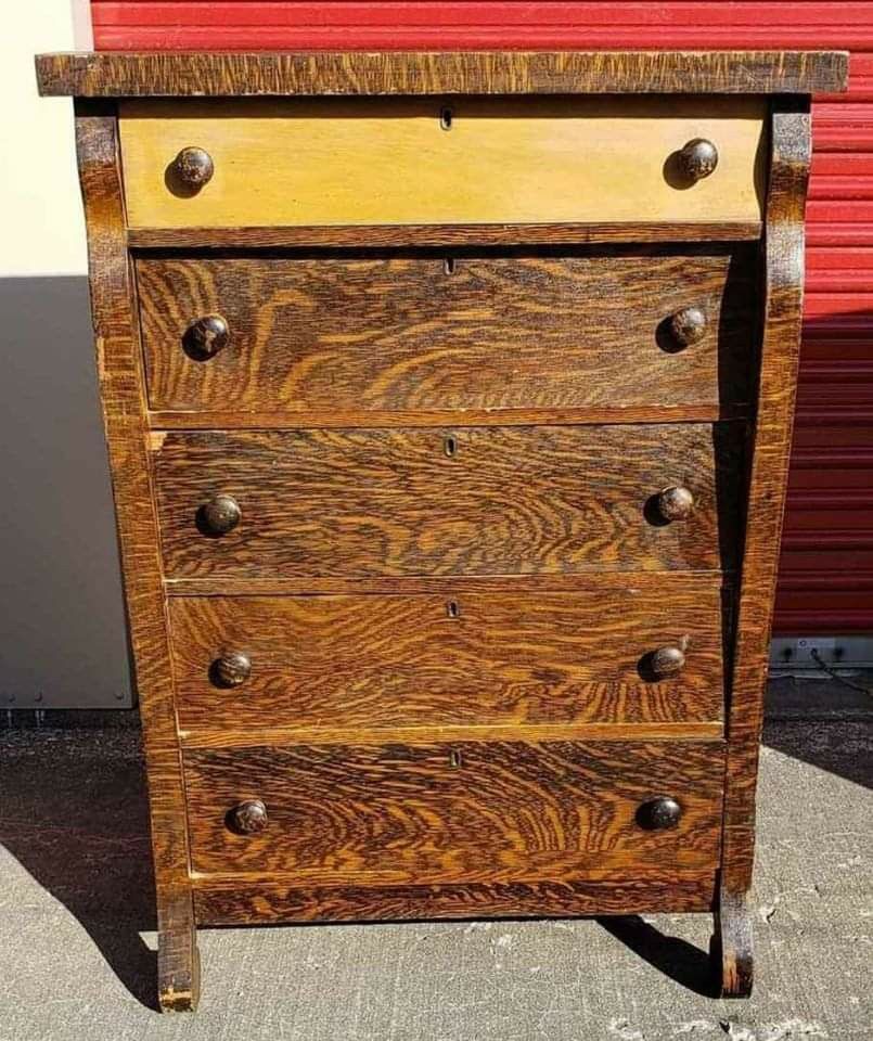 Antique Tiger Oak Chest of Drawers- Empire styled 5 Drawers
