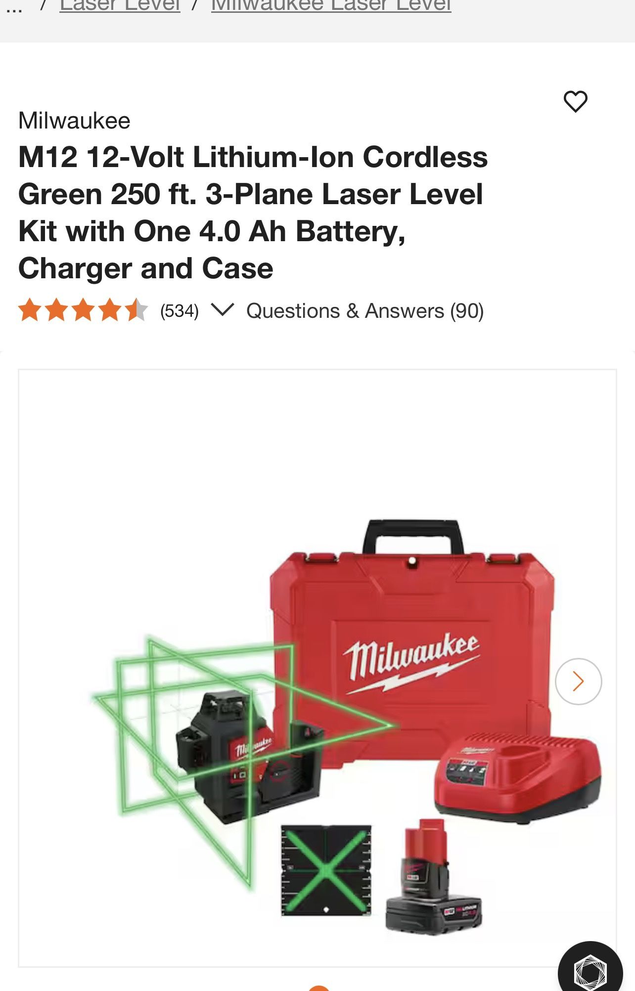 Milwaukee M12 12-Volt Lithium-Ion Cordless Green 250 ft. 3-Plane Laser Level