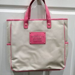 VICTORIA'S SECRET LOVE  CANVAS TOTE HAND BAG TAN PINK "THE SEXIEST ON EARTH"  