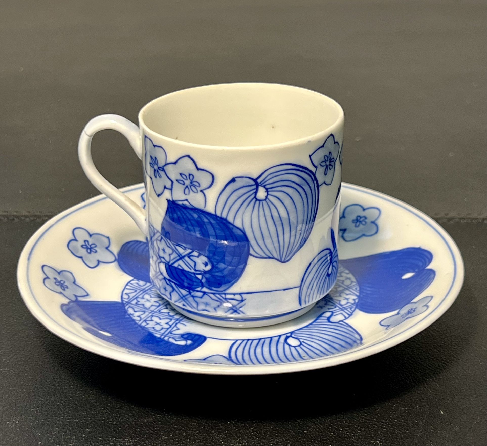 Koransha Fukagawa Antique 1910s Arita Blue White Cup & Saucer Set REPAIRED