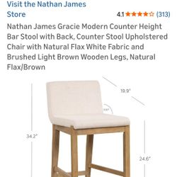 Nathan James Gracie Modern Counter Height Bar Stool with Back, Counter Stool Upholstered Chair with Natural Flax White Fabric and Brushed Light Brown 