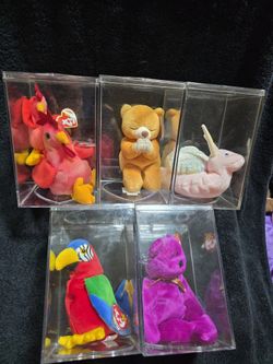 Lot of 5 Vintage Ty Beanie Babies in Acrylic Cases - Princess, Hope, Jabber & More