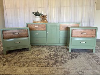 💚 green dresser nightstands bedroom set night stands bedside tables mcm oak vintage Sage Ashley