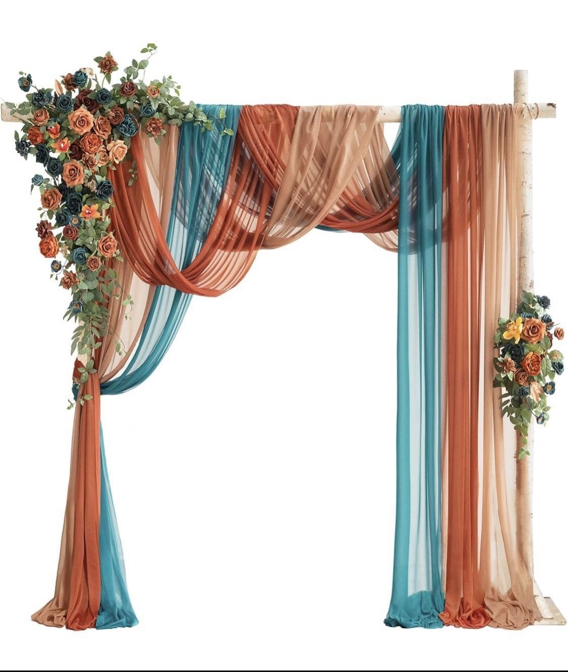 Ling's Moment Deluxe Wedding Arch Flowers with Sheer Drapes Kit - Artificial Teal and Orange Floral Arrangements for Ceremony Backdrop, Arbor Decor, 5