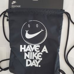 Gym Sack Drawstring Bag Backpack Zipped Pocket Black Happy Face Swoosh White Logo