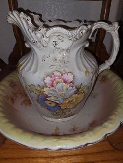 Antique W and E Corn Ironstone Pitcher, Basin and Oak Washstand