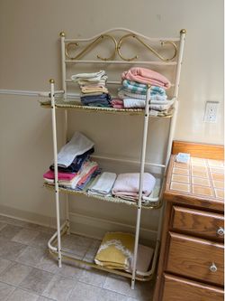 Vintage White & Brass Bathroom Shelf / Towel Rack