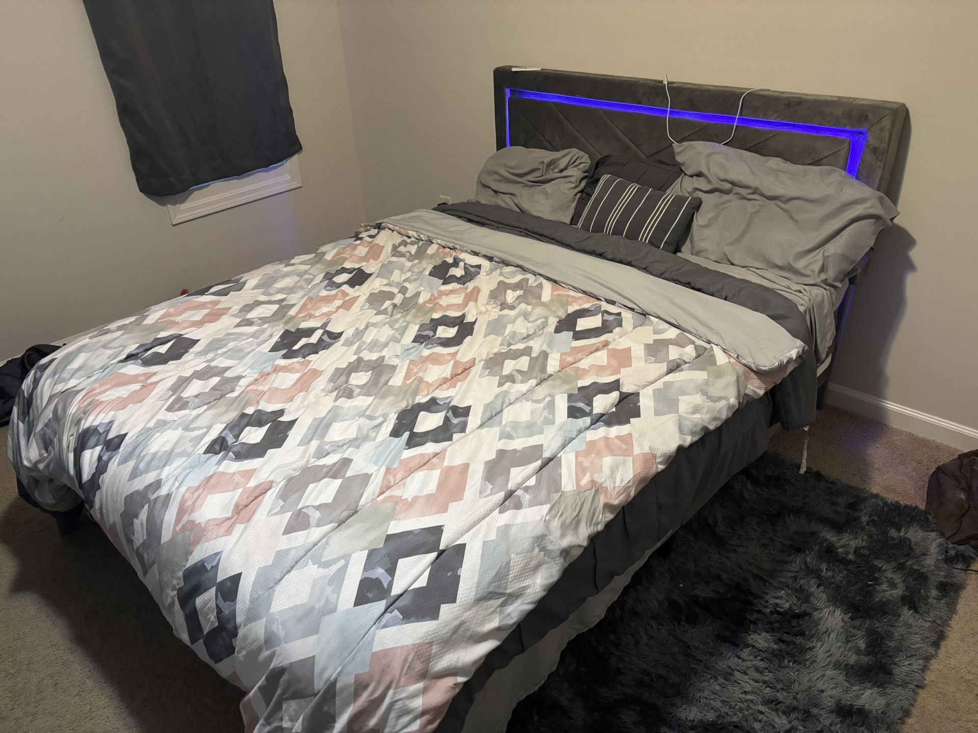 Upholstered bed frame with adjustable charged LED Headboard and storage drawers