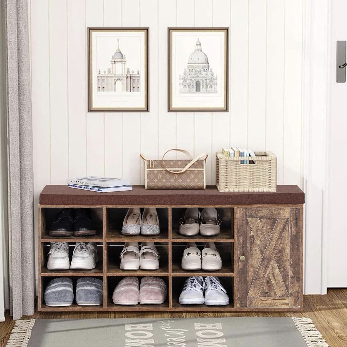 Brand New Shoe Entryway Bench with Seating Cushion and Adjustable Shelves
