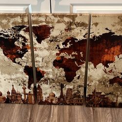 3-Panel World Map Wall Art on Canvas