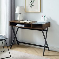 Walker Edison Drew Modern Industrial Glass-Top Metal X-Leg Writing Desk, 42",


