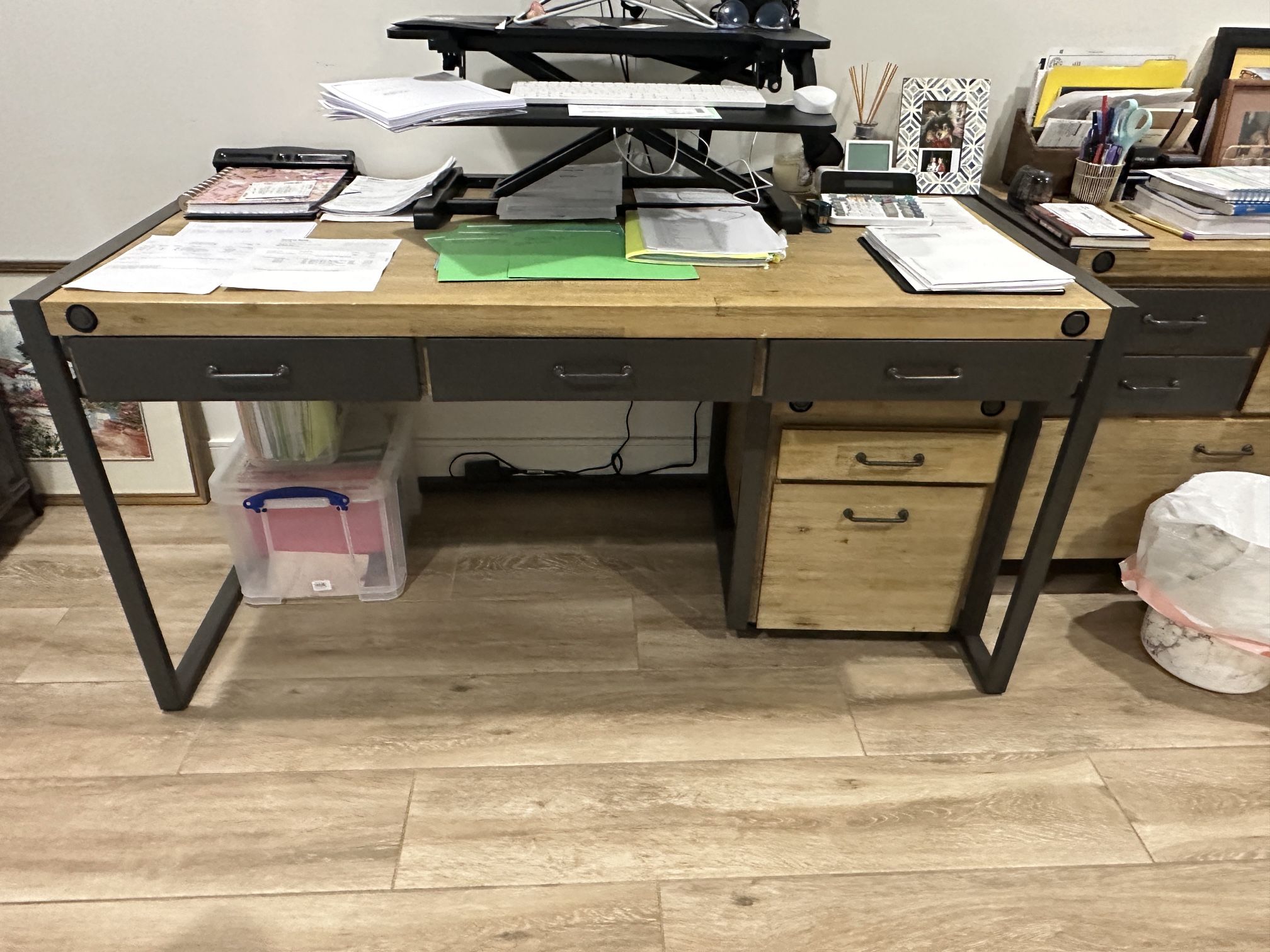 Desk, Two Double File Cabinets, 1 Single File Cabinet
