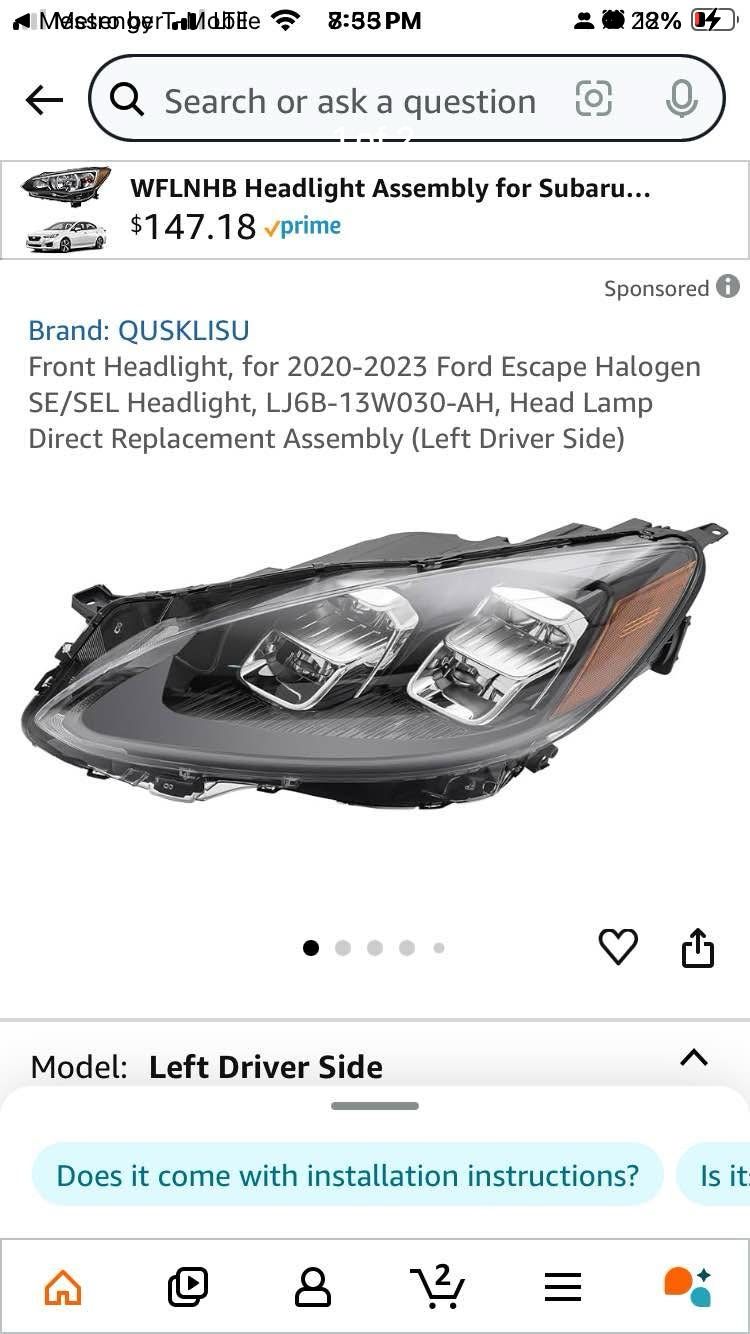 Front Headlight, for 2020-2023 Ford Escape Halogen SE/SEL Headlight, LJ6B-13W030-AH, Head Lamp Direct Replacement Assembly (Left Driver Side)
