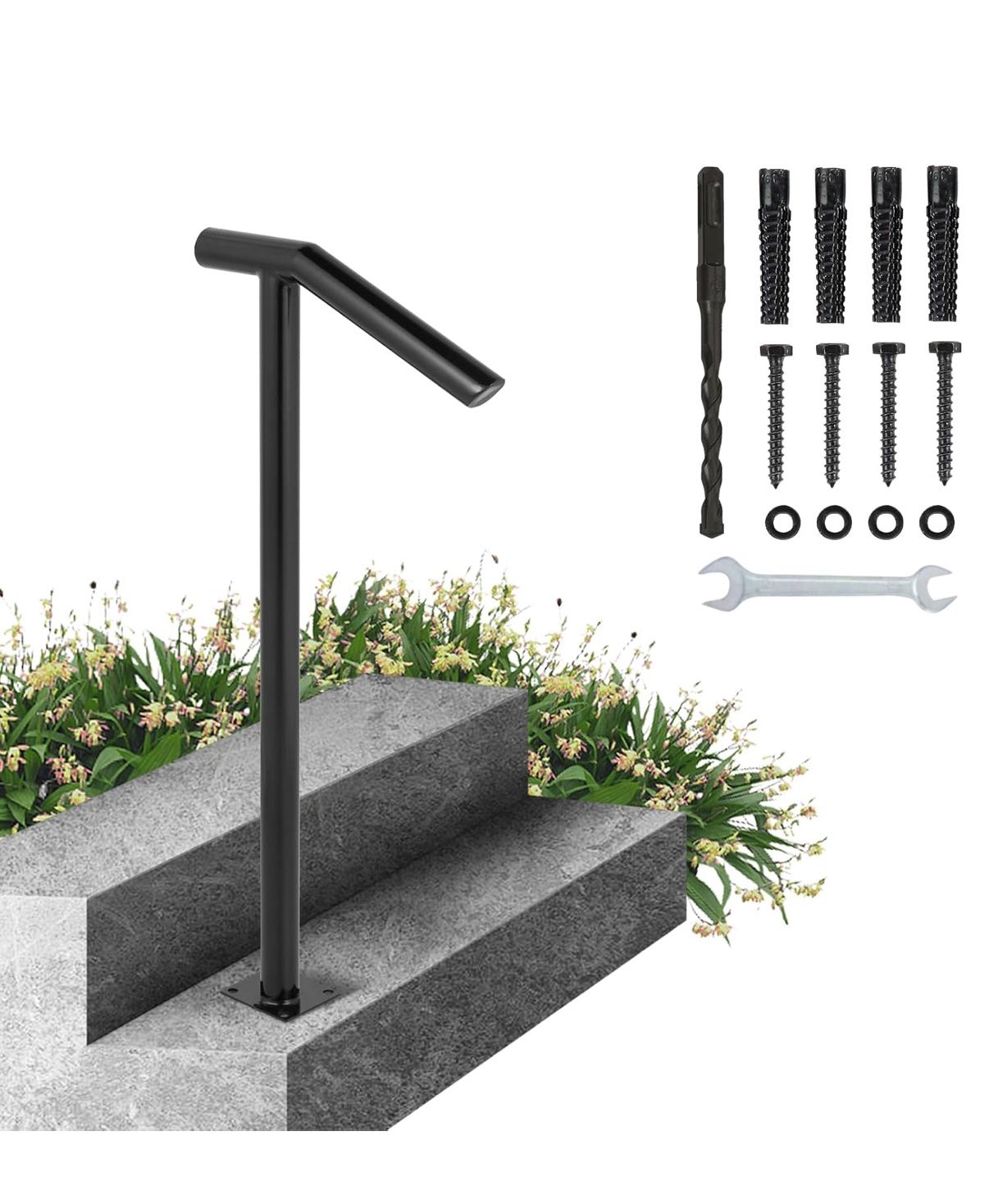 1-2 Steel Railing Baking Varnish Metal Stairs Outdoor Steps Single Post Handrail, Black