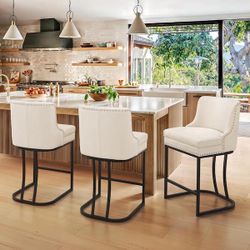 26 in. Ivory Faux Leather Upholstered Counter Height Bar Stool with Metal Cushion Counter Stool Set of 3