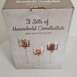 Elegant Trio Clear Glass Candlestick Holders. Luminary Glass Candle Holders Set.