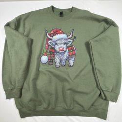 3XL Olive Green Sweatshirt with Festive Highland Cow