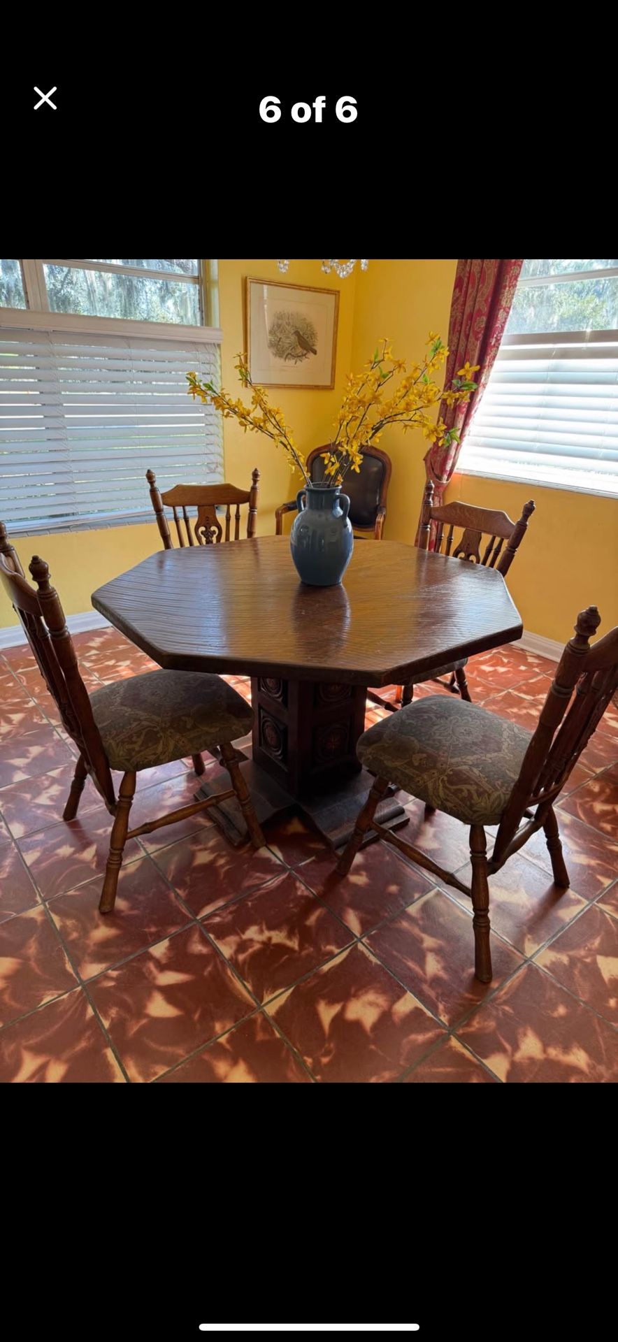Antique Octagonal Wood Dining Table And Four Chairs