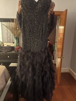 Black Feathered & Bedazzled Prom Dress