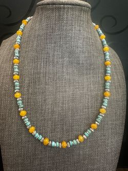 Yellow Citrine and Turquoise Howlite Beaded Handmade Women’s Necklace .