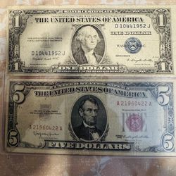 Pareja de Billetes Antiguos $1 Silver Certificate + $5 Sello Rojo - $35