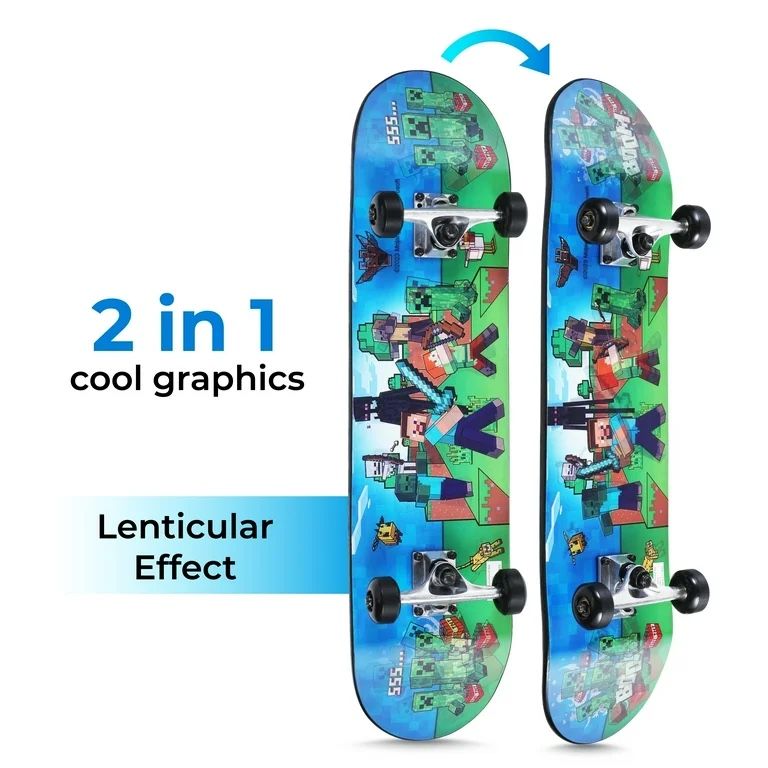 Minecraft Lenticular 31" Skateboard with Non-Slip Grip Tape