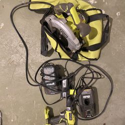 Ryobi 7.25” Circular Saw ($50) / 18v Drill And Two Batteries And Chargers ($50)