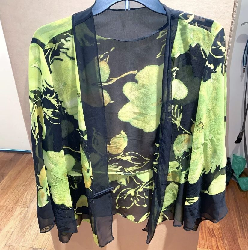 Vtg Harari Silk Velvet Jacket Lazzo Black & Green Floral Designs, Size Large