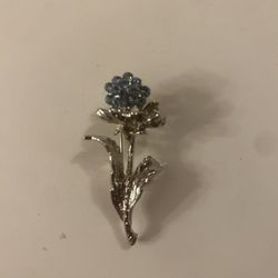 Rare Vintage Silver-Tone with Blue Rhinestones Floral Brooch 