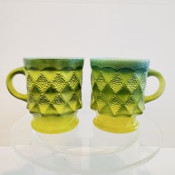 Pair of Anchor Hocking Fireking Green Kimberly Diamond Pattern Coffee Cup Mugs