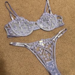 New Large Lavender Purple Sheer Floral Bra Panty Lingerie Set