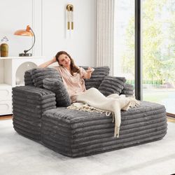 56" Oversized Chaise Lounge Chair Indoor,Plush Faux Fur Sleeper Sofa Couch Bed with Pillows&Wide Armrests,Fluffy Comfy Cloud Couch,Compression Foam Co