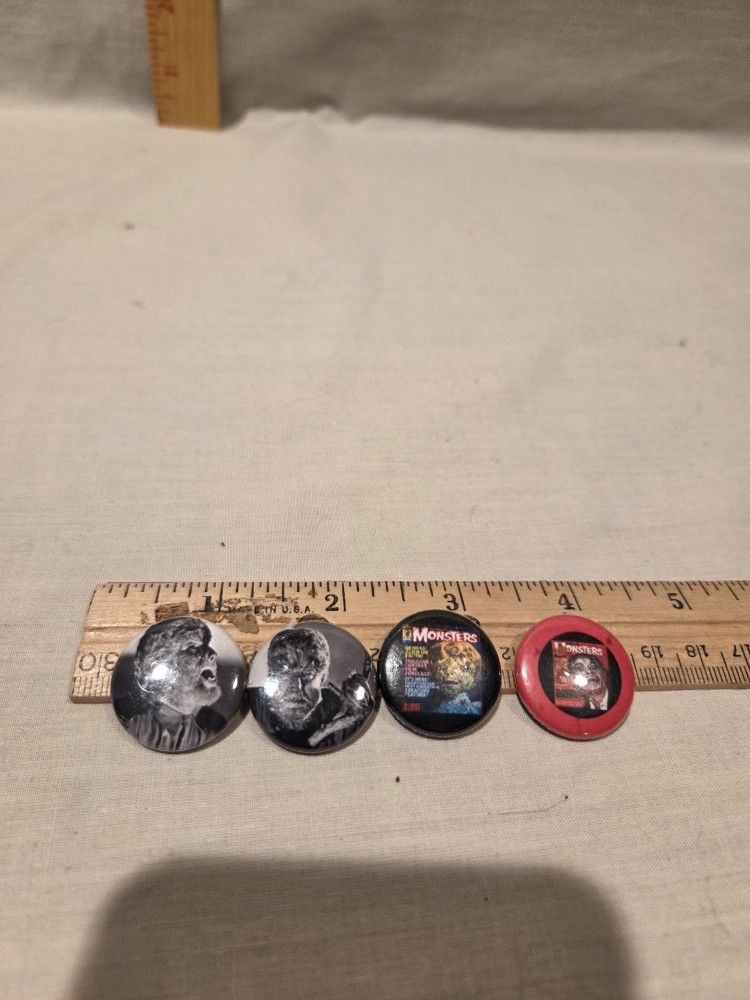 "Monster " button pins, 2 are Lon Chaney; lot of  4 vintage  1960's