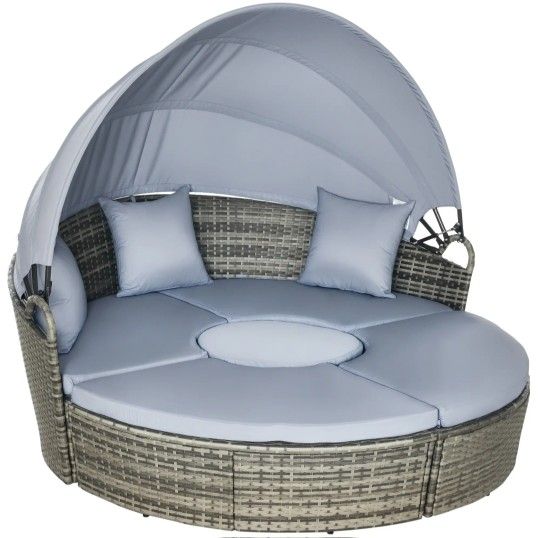 Outsunny 4 Piece Round Rattan Daybed, Convertible Patio Furniture Set, Adjustable Sun Canopy, Sectional Outdoor Sofa, 2 Chairs, Extending Tea Table Ot