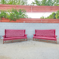Set of 1970s Vintage Tufted Wingback Burgundy Chesterfield Sofa.