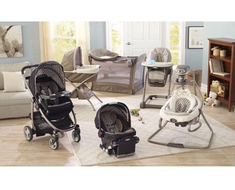 8 piece Graco Antiquity set! (play pen, bassinet, high chair, booster seat, swing, rocker, infant car seat, stroller)