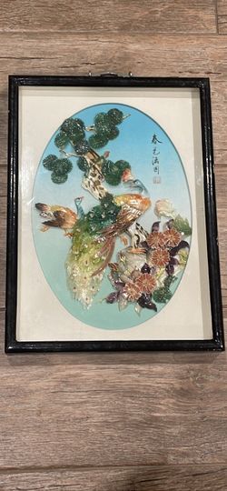 Vintage Asian Peacock Art Shell Mother or Pearl Mosaic Shadow Box Framed Sculpture 3D