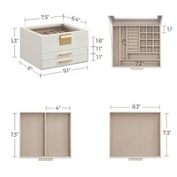 SONGMICS Jewelry Box Organizer with Glass Lid 3-Layer Storage w/ 2 Drawer - Cloud White / Gold